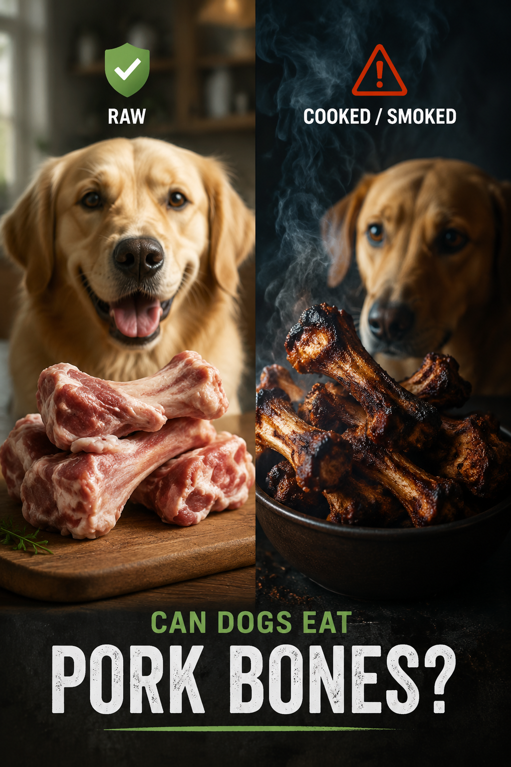 Editorial portrait/Pinterest image () for the article section "Key Takeaways" about Can Dogs Eat Pork Bones? Raw, Cooked &