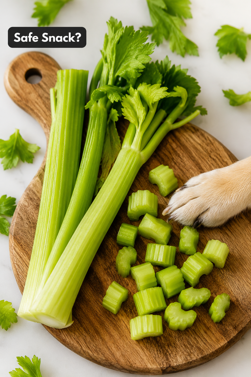 Editorial () showing a close-up overhead flat-lay of fresh celery stalks and small bite-sized celery pieces arranged on a
